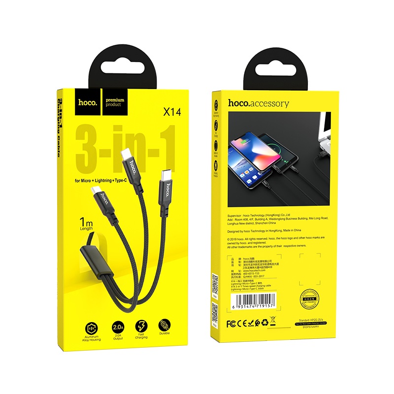 Кабель HOCO X14 3-in-1 Times speed charging cable iP+Micro+Type-C Black — Інші варіанти кабелів — фото 2