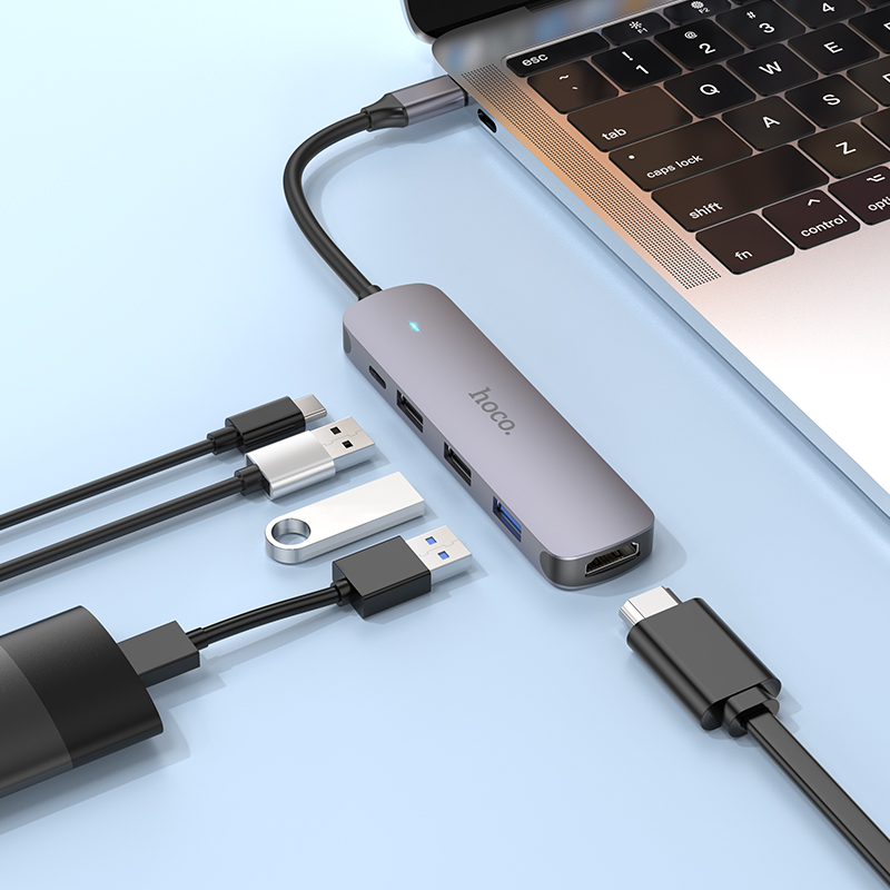 USB-хаб HOCO HB27 Type-C multi-function converter(HDTV+USB3.0+USB2.0*2+PD) Metal Gray — Хаби — фото 5