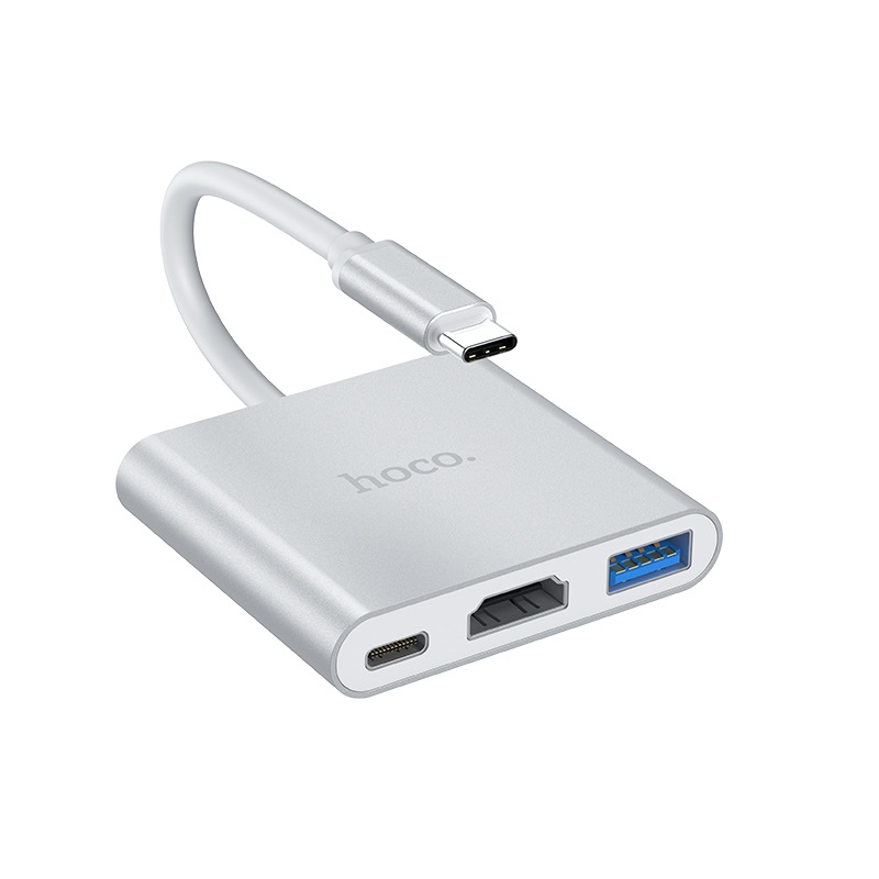 USB-хаб HOCO HB14 Easy use Type-C adapter(Type-C to USB3.0+HDMI+PD) Silver — Хаби