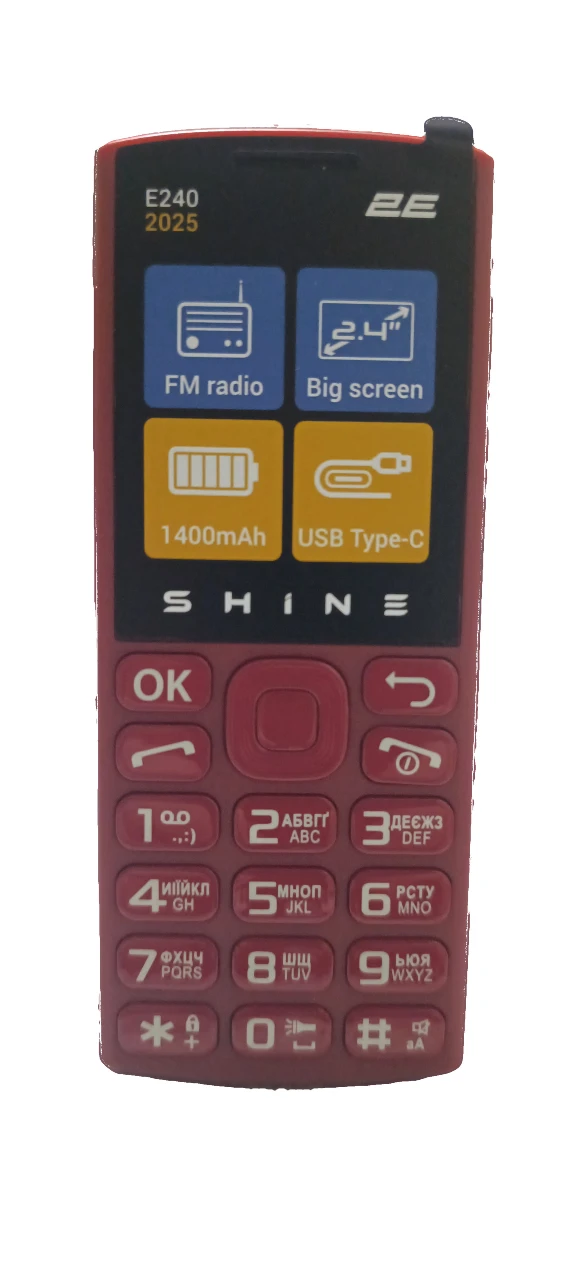 Кнопковий телефон 2E E240 (2025) Dual SIM, 2,4″, 1400 мА·год, Type-C, червоний