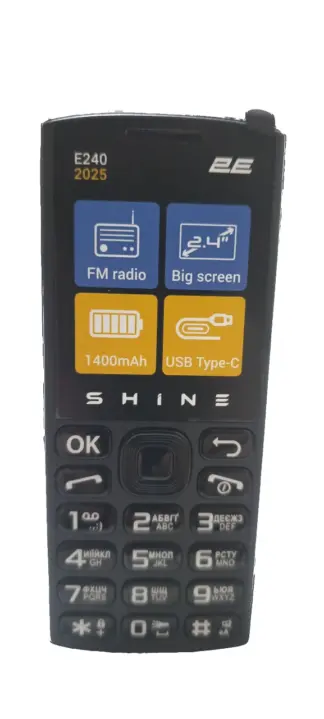 Кнопочный телефон 2E E240 (2025) Dual SIM, 2,4″, 1400 мА·ч, Type-C, чёрный