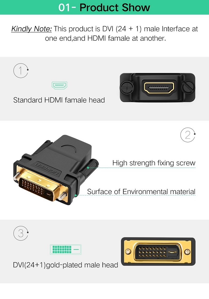 Адаптер UGREEN 20124 DVI 24+1 Male to HDMI Female Adapter (Black) (UGR-20124) — фото 9