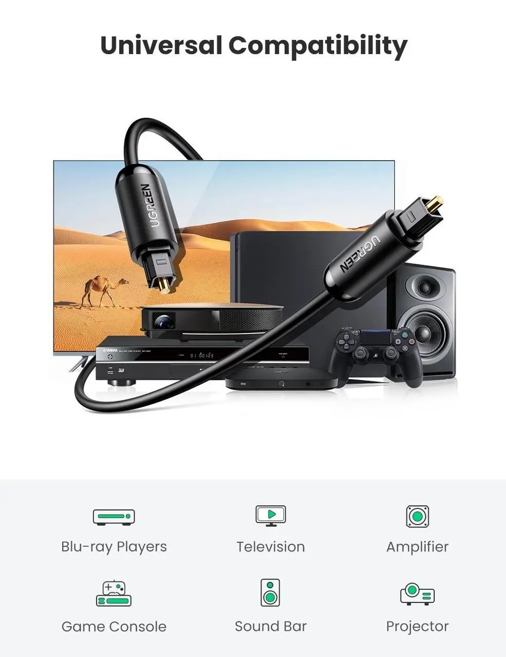 Аудіокабель UGREEN AV122 S/PDIF male to S/PDIF male, Toslink Optical Audio Cable, 2m Black — фото 8