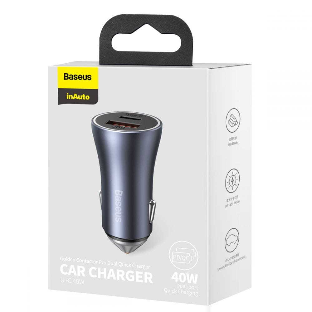 Автомобільний зарядний пристрій Baseus Golden Contactor Pro Dual Quick Charger Car Charger U+C 40W Dark Gray — фото 3