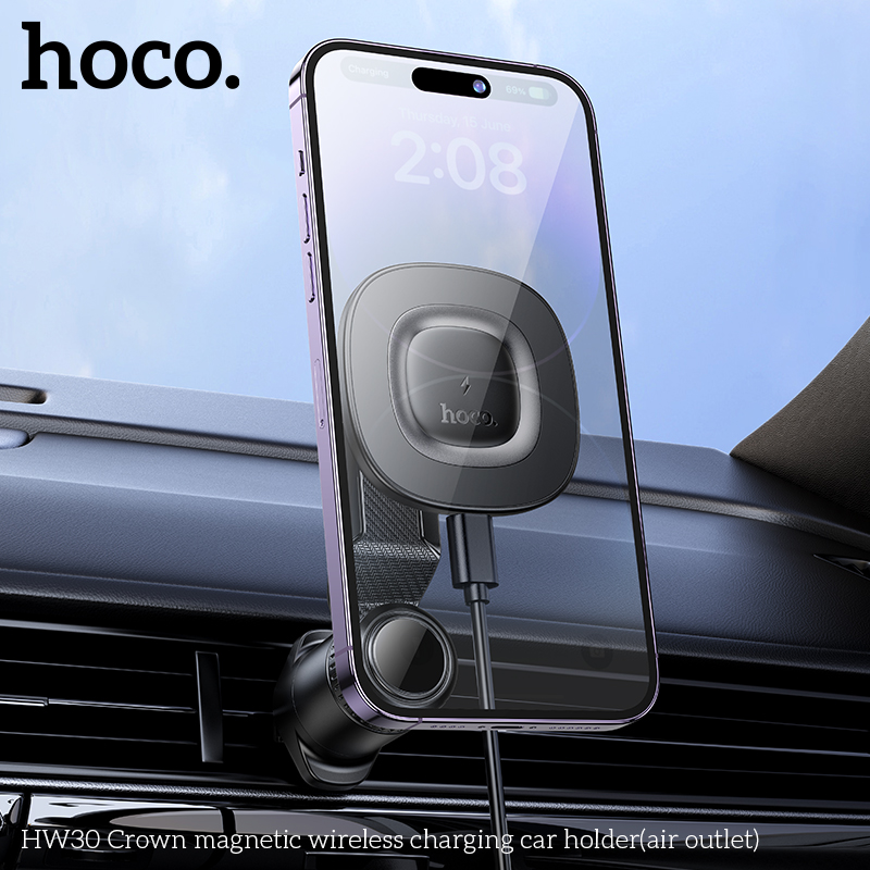 Автотримач для телефона з БЗП HOCO HW30 Crown magnetic wireless charging car holder (air outlet) Black Metal Gray — фото 8