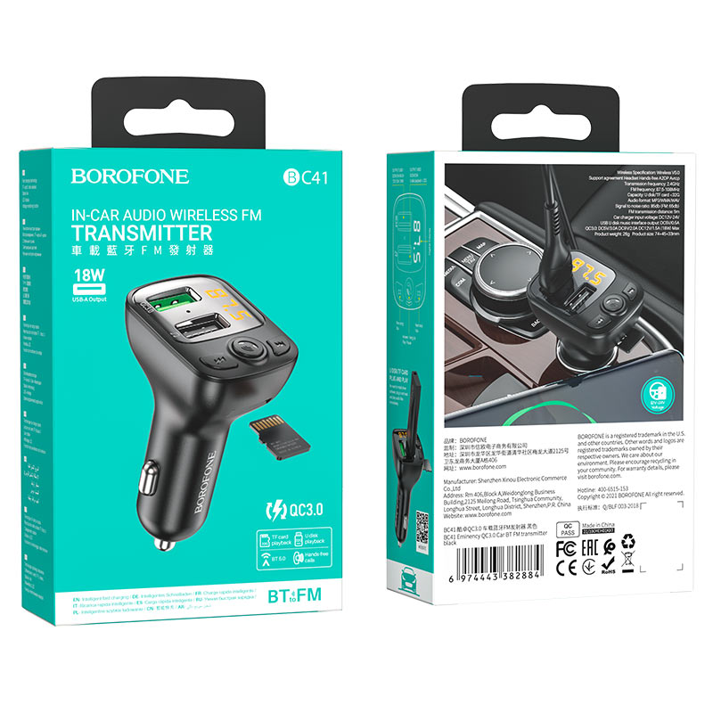 АЗП з FM-модулятором BOROFONE BC41 Eminency QC3.0 Car BT FM transmitter 18W Black 8525500090 — фото 3