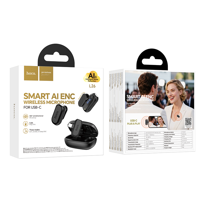 Бездротова мікрофонна система HOCO L26 Type-C Smart AI noise reduction wireless microphone Black — фото 3