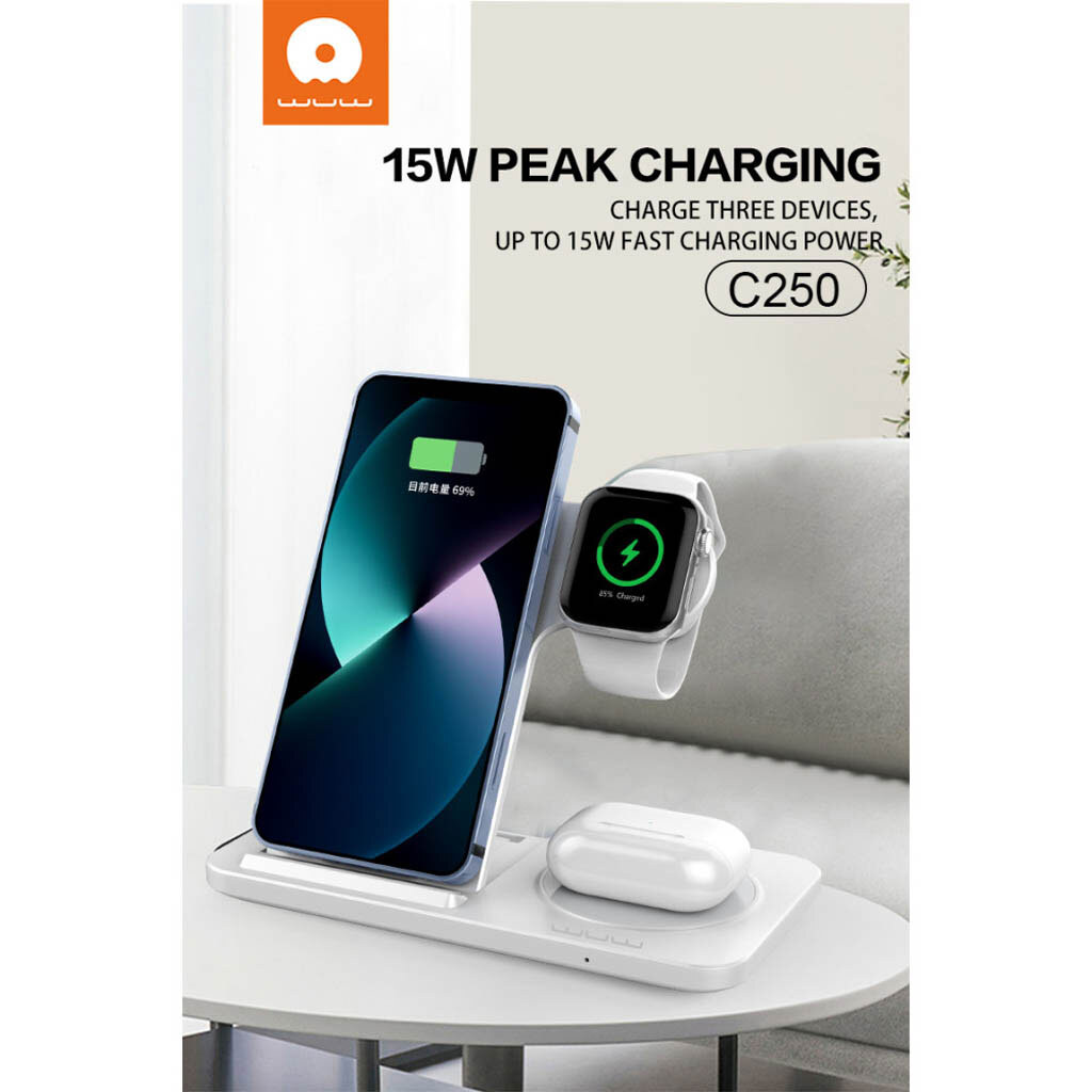 Бездротова зарядна станція WUW C250 для смартфона, годинника та навушників — фото 7