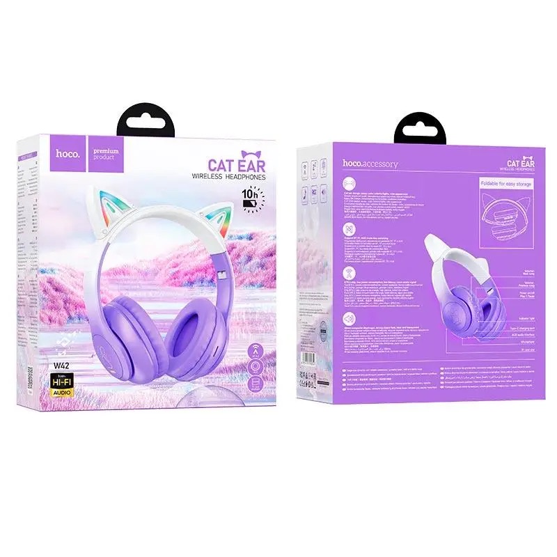 Бездротові накладні навушники HOCO W42 Cat ears BT headphones Purple Grape — фото 4