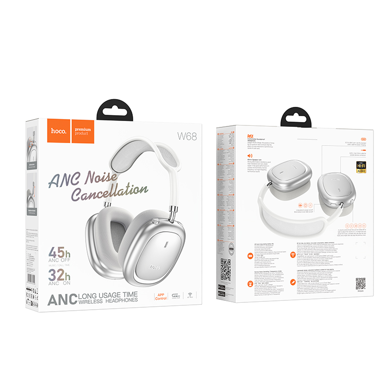 Бездротові накладні навушники HOCO W68 Calma ANC noise-canceling BT headphones(App) Silver — фото 3