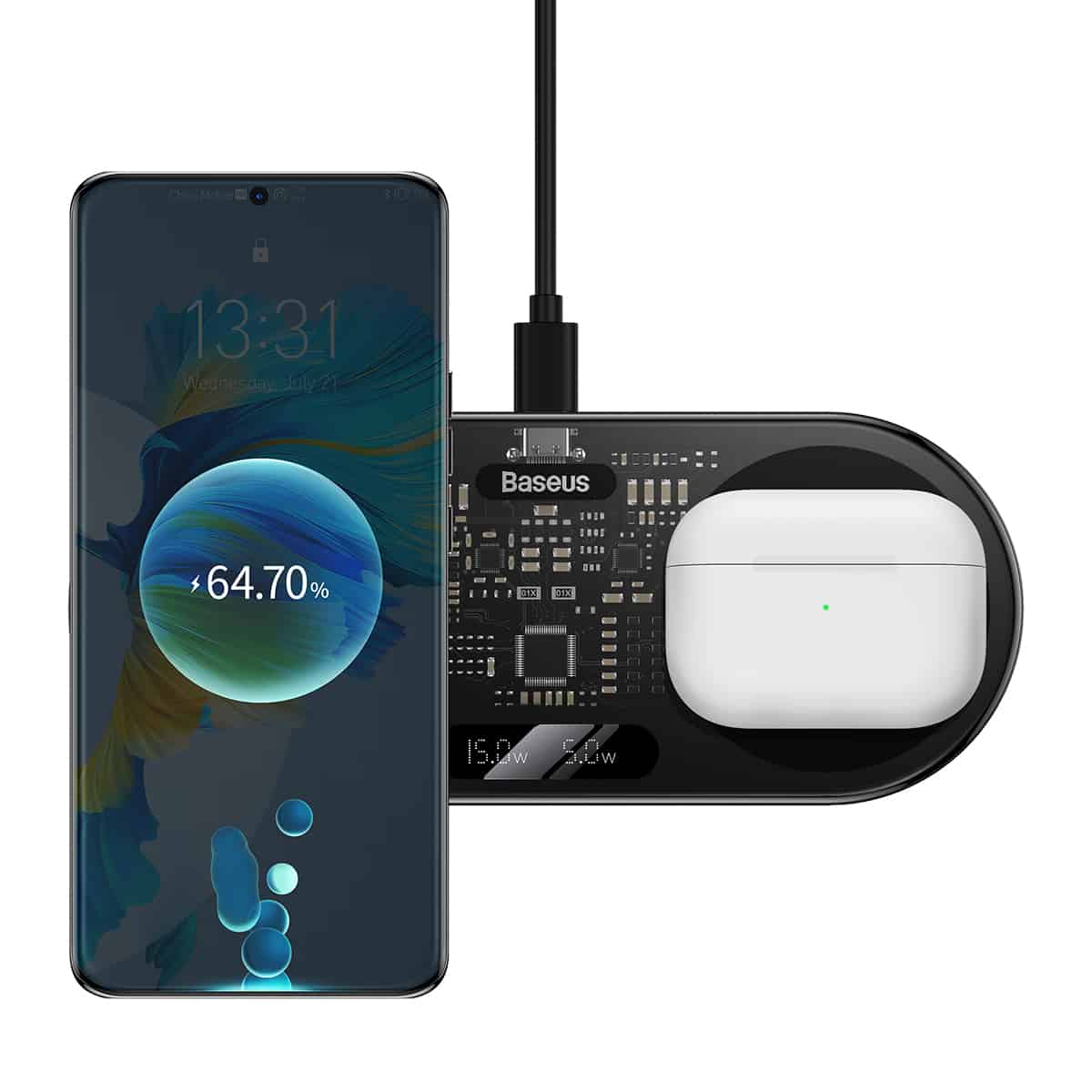 Бездротовий мультизарядний пристрій Baseus Digital LED Display 2in1 Wireless Charger 20W Black Universal version — фото 6