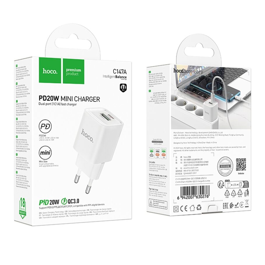 Мережевий Зарядний Пристрій Hoco C147A 1USB-C/1USB PD/QC 20W — фото 2