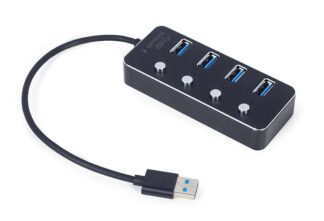 Хаб на 4 порти USB 3.0, з вимикачами, пластикметал, чорний Gembird