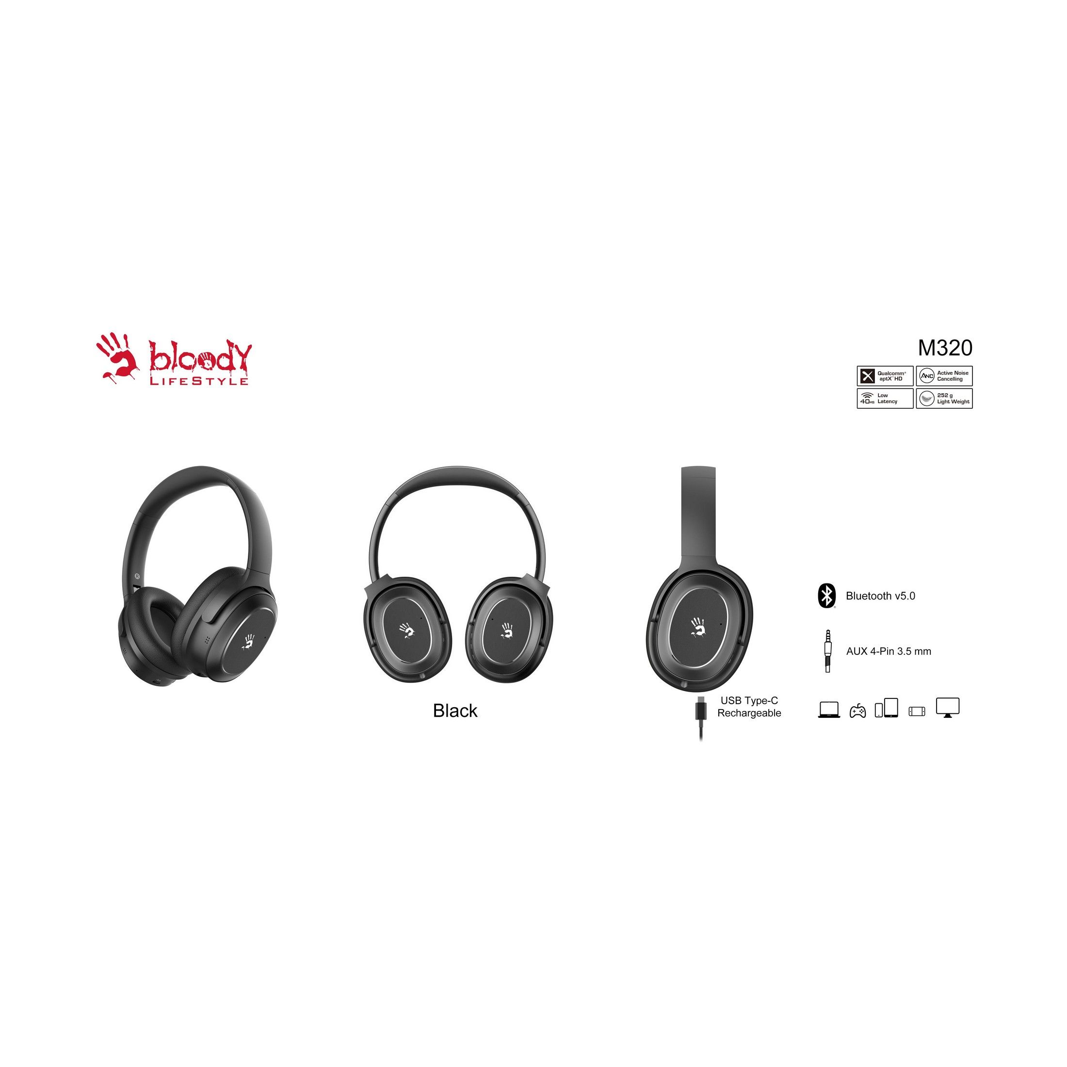 Ігрові навушники з мікрофоном, ANC, Bluetooth + 3.5 jack Bloody M320 — фото 5