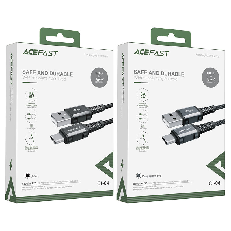 Кабель ACEFAST C1-04 USB to Type-C 3A, 1.2m, nylon aluminum connectors, Black — фото 3