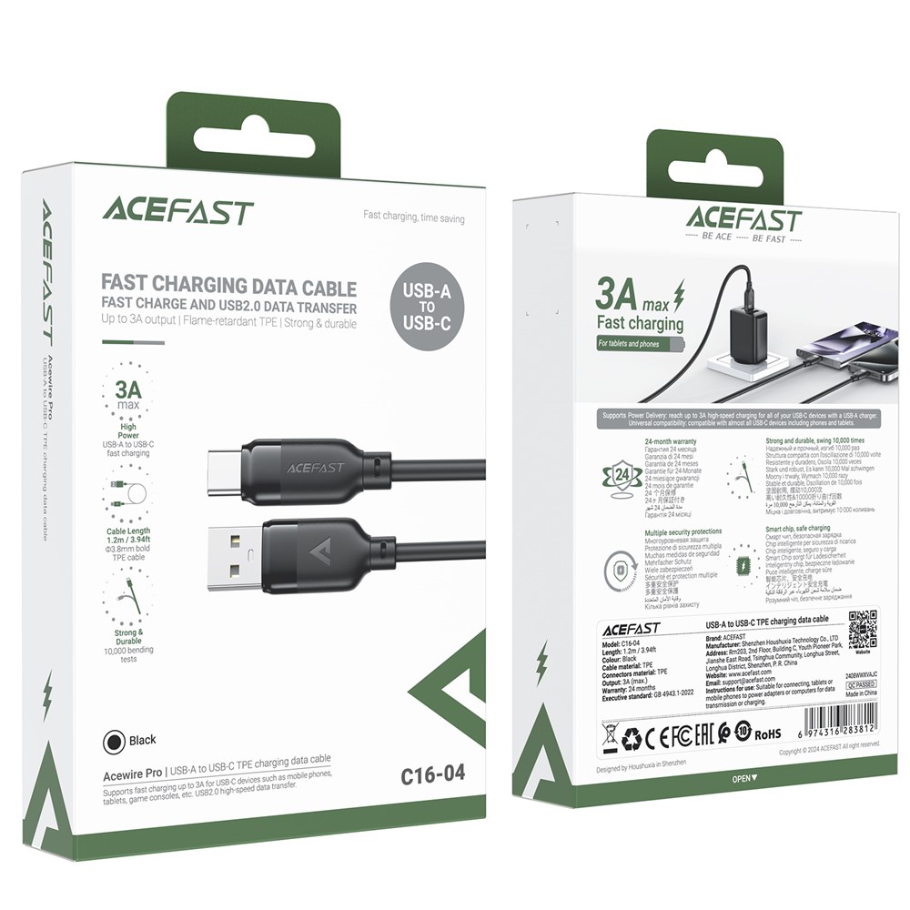 Кабель ACEFAST C16-04, USB to Type-C, 3A, 1.2m ,TPE, TPU connectors, Black — фото 3