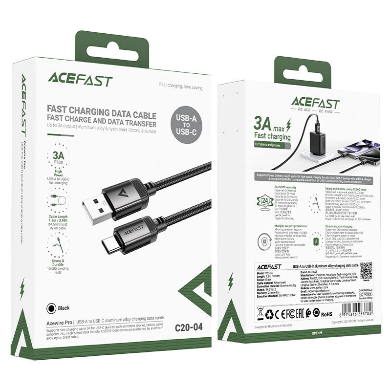 Кабель Acefast C20-04 USB-A to USB-C aluminum alloy charging data cable Black — фото 3