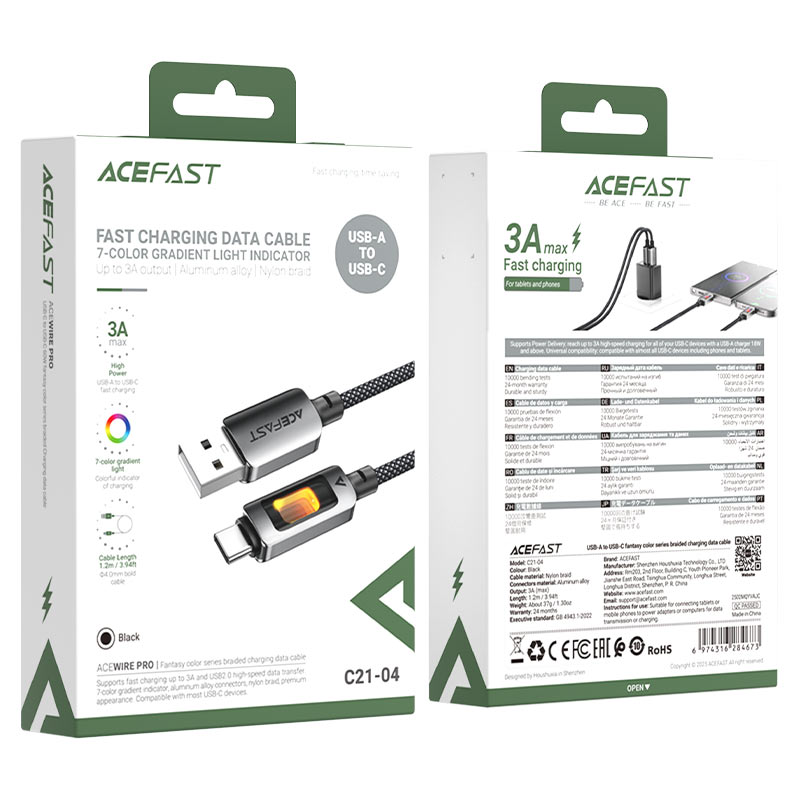 Кабель ACEFAST C21-04 USB-A to USB-C з LED підсвічуванням — фото 3