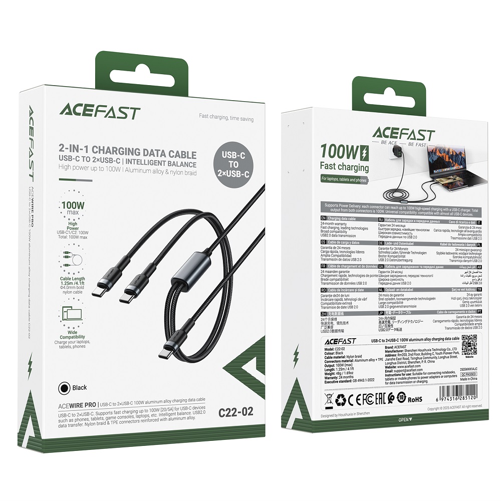 Кабель ACEFAST C22-02 USB-C до 2*USB-C для швидкої зарядки — фото 3