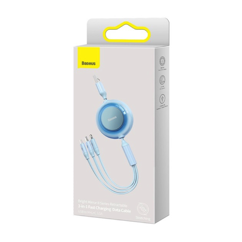 Кабель Baseus Bright Mirror 2 Series Retractable 3-in-1 Fast Charging Data Cable USB to M+L+C 3.5A 1.1m Sky Blue — фото 3