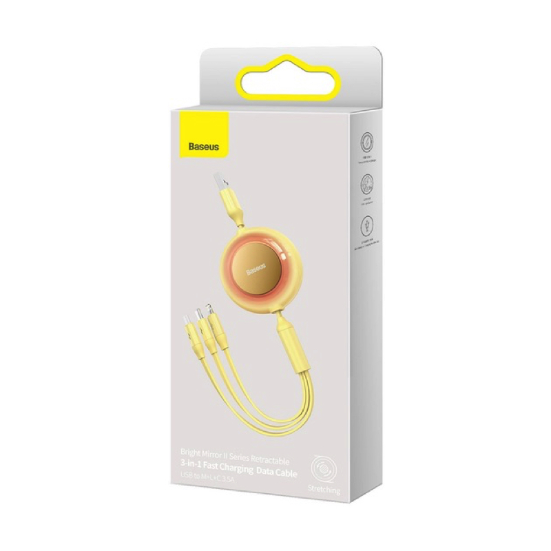 Кабель Baseus Bright Mirror 2 Series Retractable 3-in-1 Fast Charging Data Cable USB to M+L+C 3.5A 1.1m yellow — фото 3