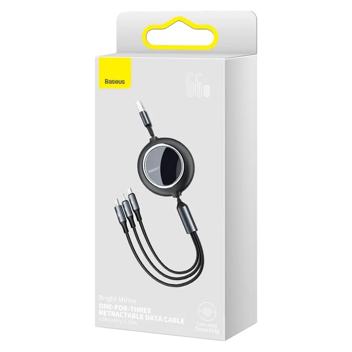 Кабель Baseus Bright Mirror 2 Series Retractable 3-in-1 Fast Charging Data Cable USB to M+L+C 66W 1.1m Black — фото 3