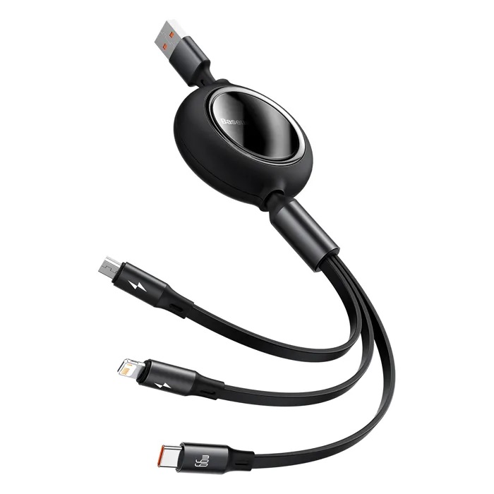 Кабель Baseus Bright Mirror 2 Series Retractable 3-in-1 Fast Charging Data Cable USB to M+L+C 66W 1.1m Black — фото 4