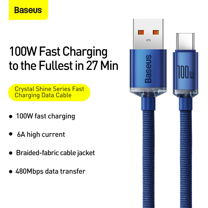 Кабель Baseus Crystal Shine Series Fast Charging Data Cable USB to Type-C 100W 2m Blue — фото 12