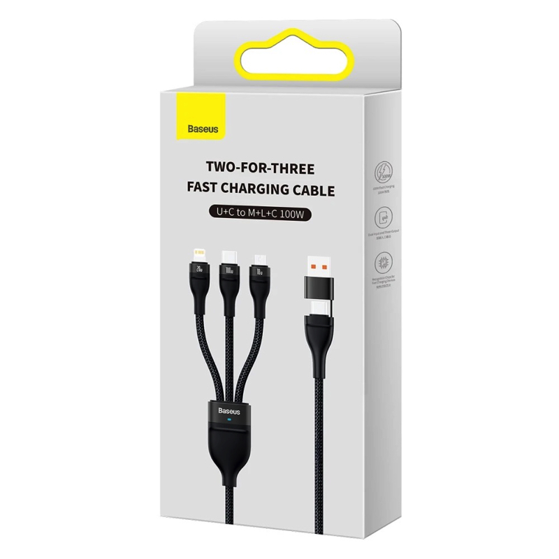 Кабель Baseus Flash Series Ⅱ Two-for-three Charging Cable U+C to M+L+C 100W 1.2m Black — фото 3