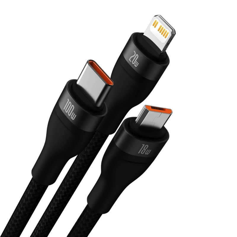 Кабель Baseus Flash Series Ⅱ Two-for-three Charging Cable U+C to M+L+C 100W 1.2m Black — фото 4
