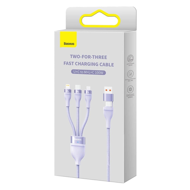 Кабель Baseus Flash Series Ⅱ Two-for-three Charging Cable U+C to M+L+C 100W 1.2m Purple — фото 3