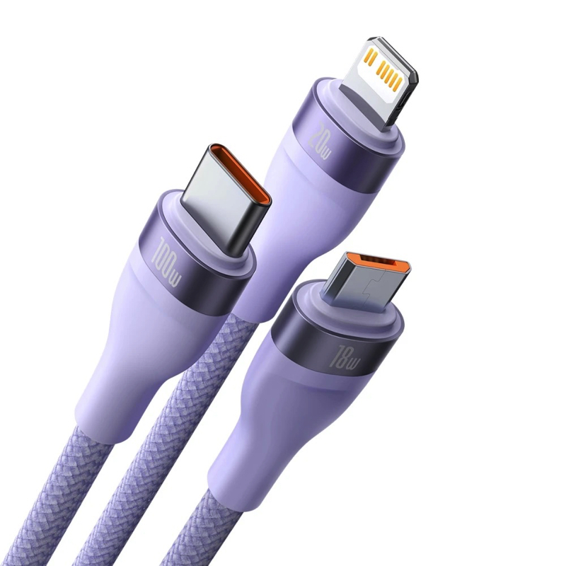 Кабель Baseus Flash Series Ⅱ Two-for-three Charging Cable U+C to M+L+C 100W 1.2m Purple — фото 4