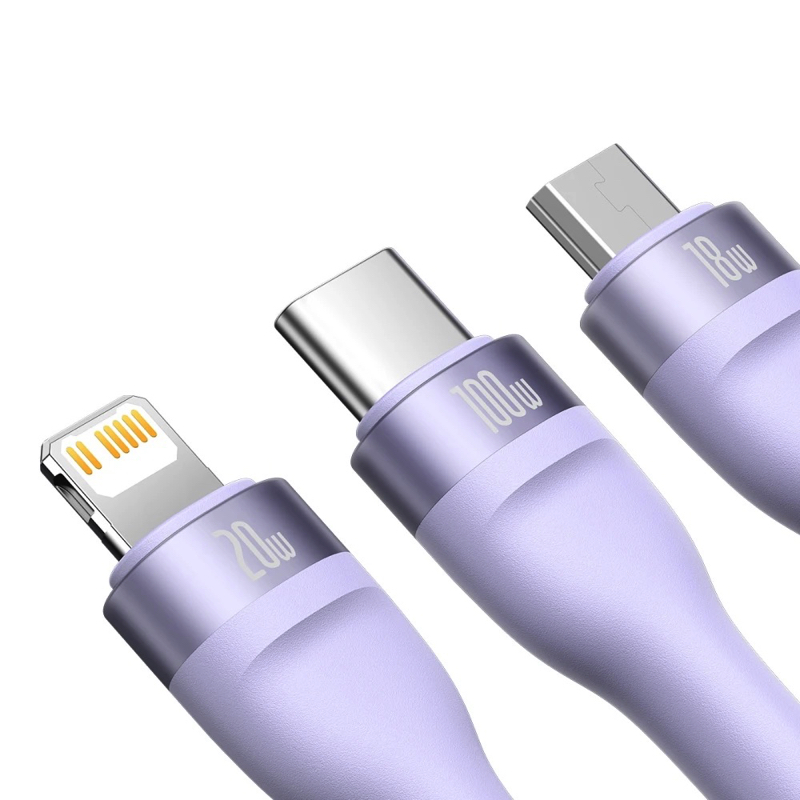 Кабель Baseus Flash Series Ⅱ Two-for-three Charging Cable U+C to M+L+C 100W 1.2m Purple — фото 5