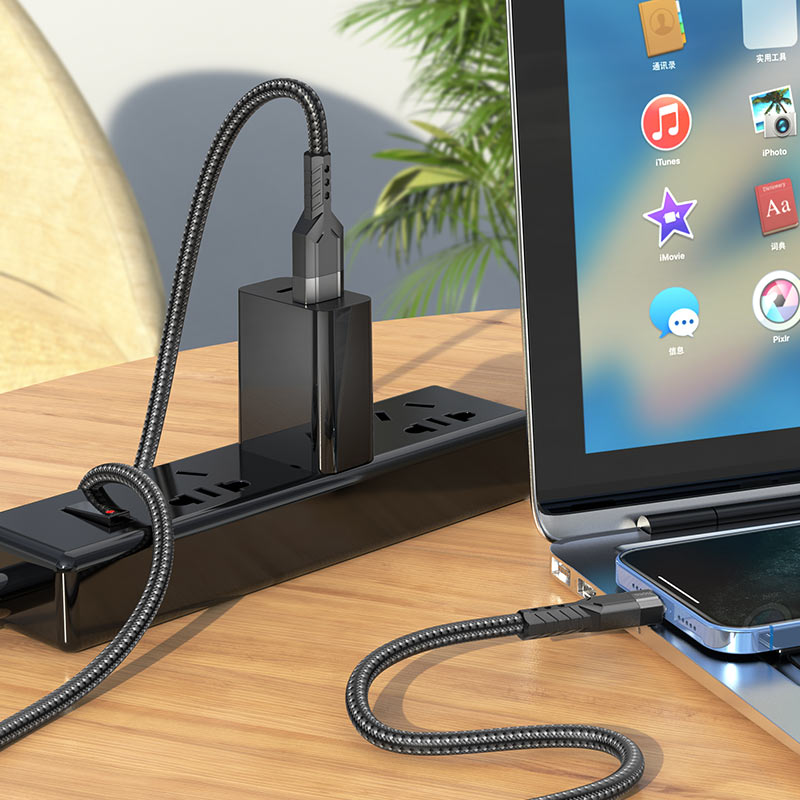 Кабель HOCO U110 USB to iP 2.4A, 1.2m, nylon, aluminum connectors, Black — фото 4