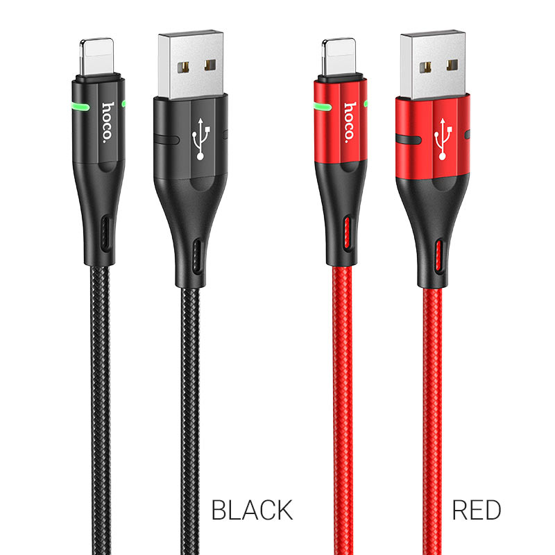 Кабель HOCO U93 USB to iP 2.4A, 1.2m, nylon, aluminum connectors, light indicator, Black — фото 3