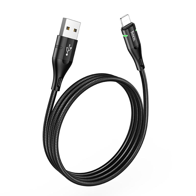 Кабель HOCO U93 USB to iP 2.4A, 1.2m, nylon, aluminum connectors, light indicator, Black — фото 4