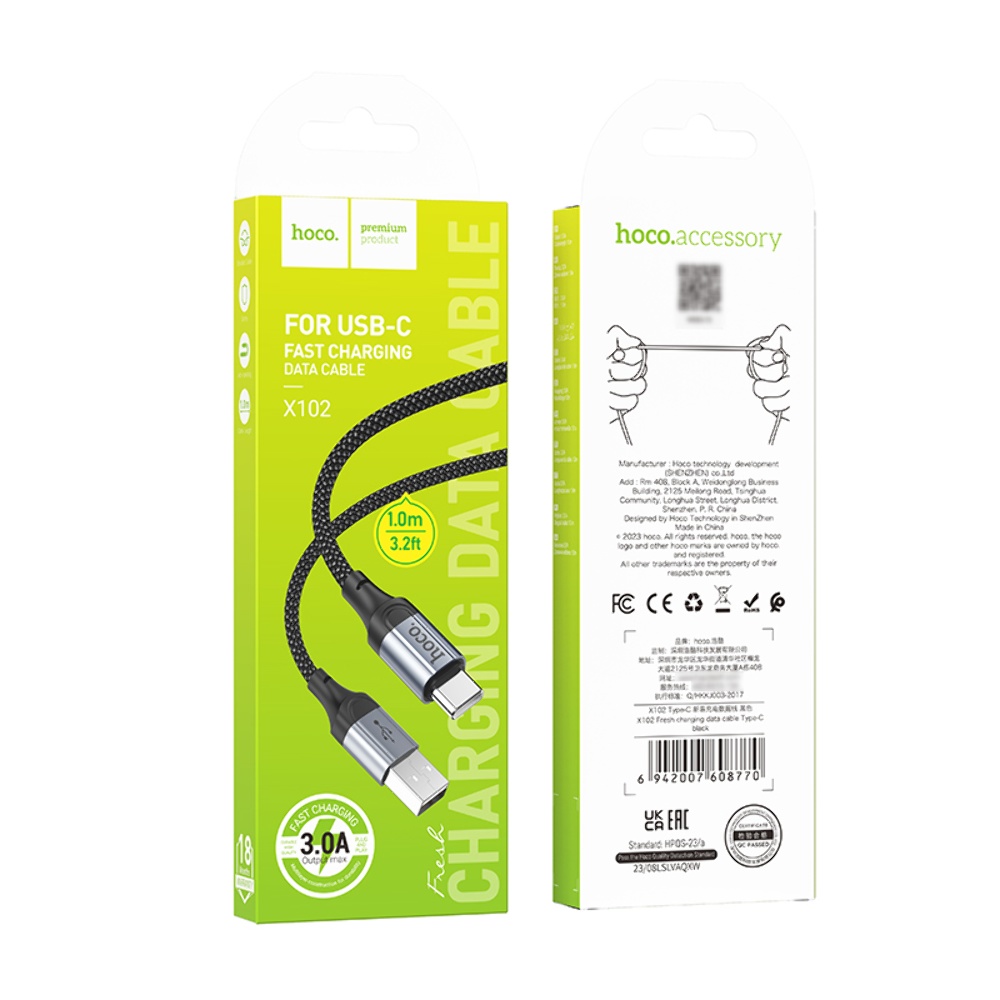 Кабель HOCO X102 USB to Type-C 3A, 1m, nylon, aluminum connectors, Black — фото 3
