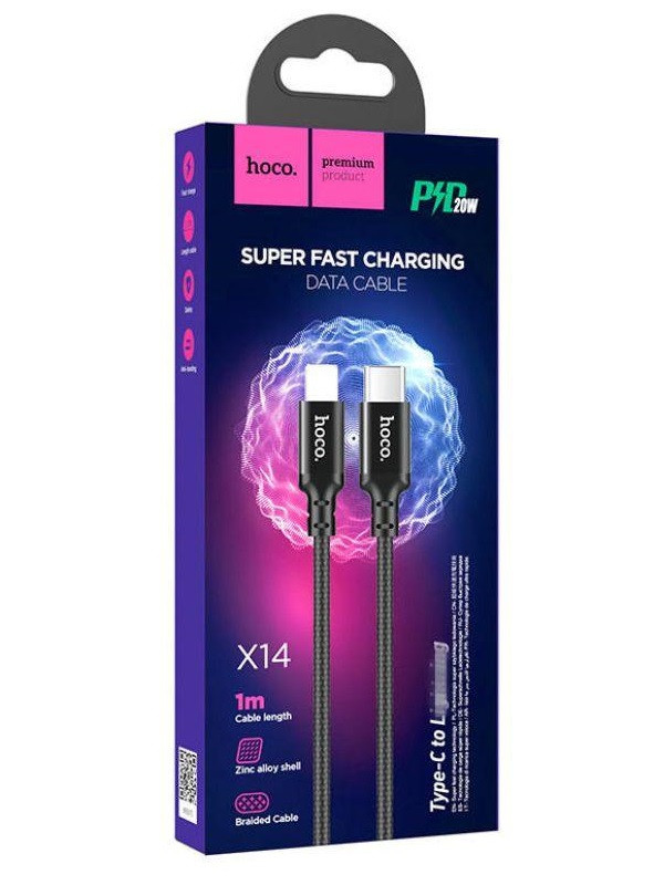 Кабель HOCO X14 Type-C to iP 3A, 20W, 1m, nylon, aluminum connectors, Black — фото 3