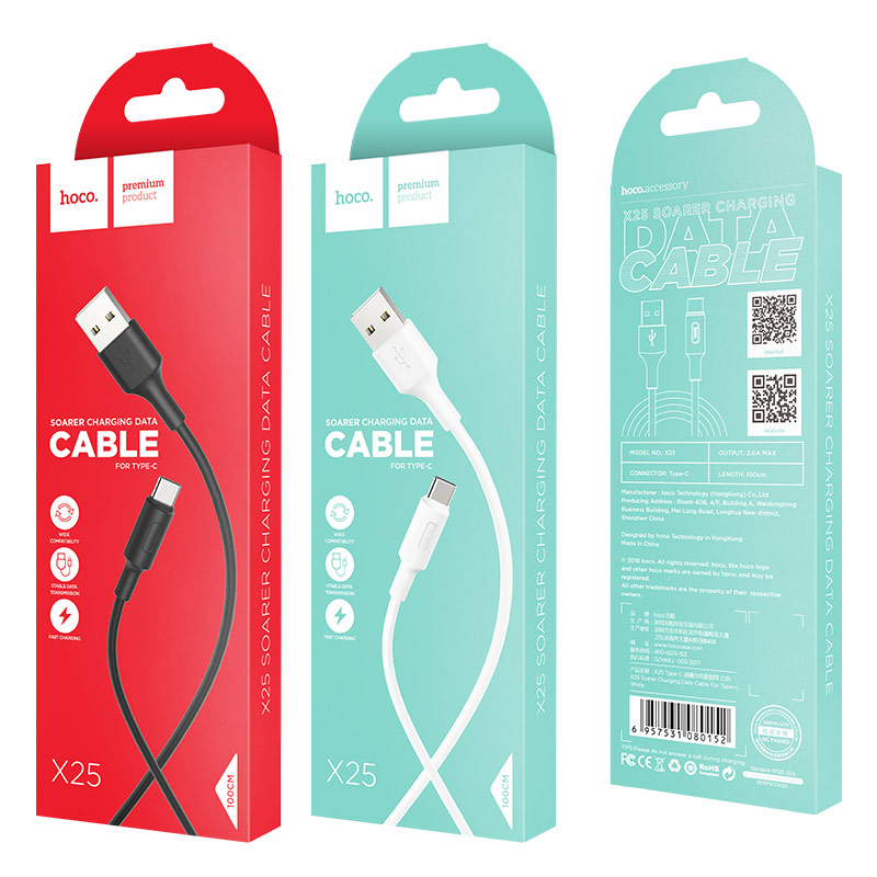 Кабель HOCO X25 USB to Type-C 2A, 1m, PVC, PVC connectors, White — фото 3