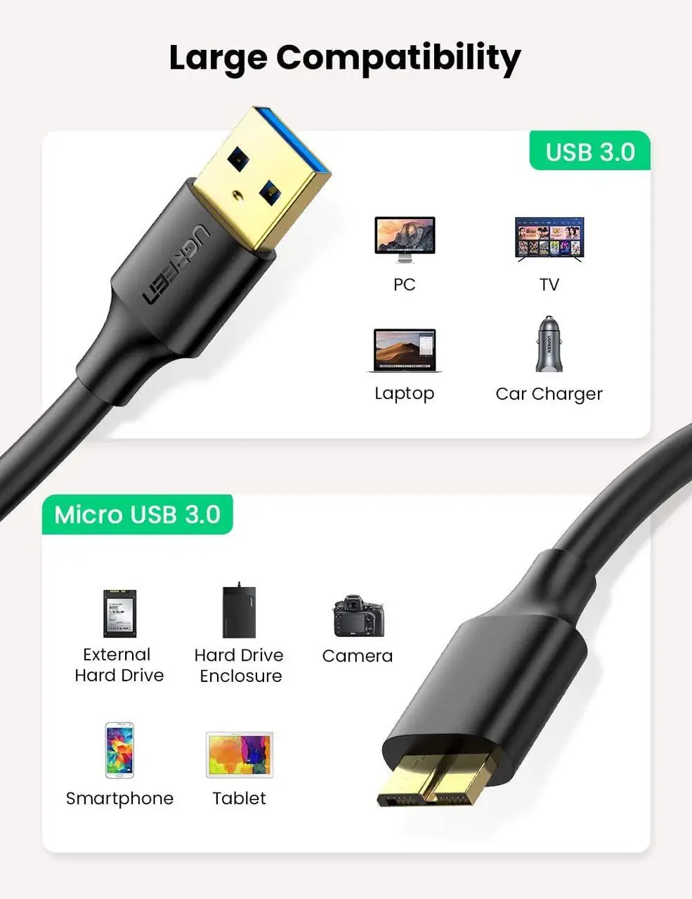 Кабель UGREEN US130 USB 3.0 A Male to Micro USB 3.0 Male Cable 0.5m (Black)(UGR-10840) — фото 6
