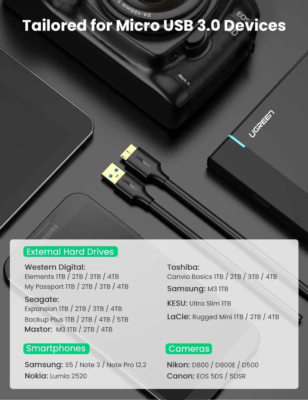 Кабель UGREEN US130 USB 3.0 A Male to Micro USB 3.0 Male Cable 0.5m (Black)(UGR-10840) — фото 8