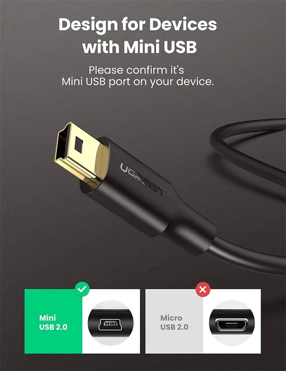 Кабель UGREEN USB 2.0 A Male to Mini 5 Pin Male для зарядки та синхронізації — фото 5