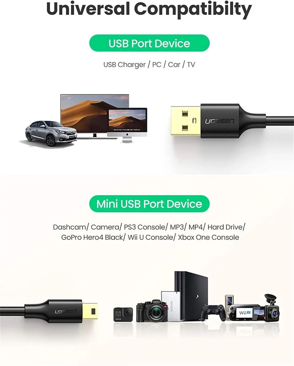 Кабель UGREEN USB 2.0 A Male to Mini 5 Pin Male для зарядки та синхронізації — фото 6