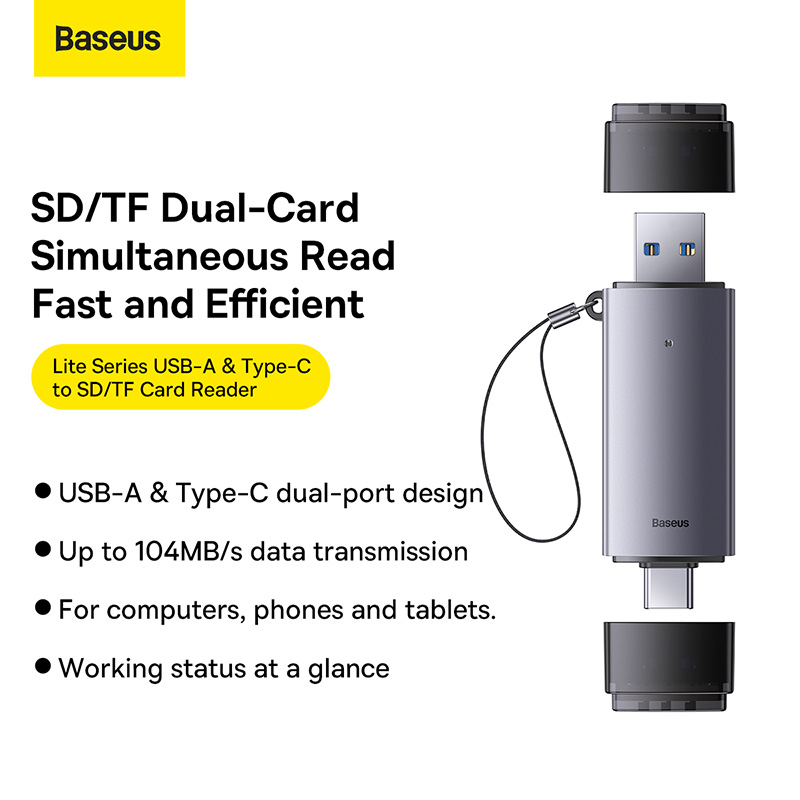 Кардрідер Baseus Lite Series USB-A & Type-C to SD/TF Card Reader Grey — фото 11