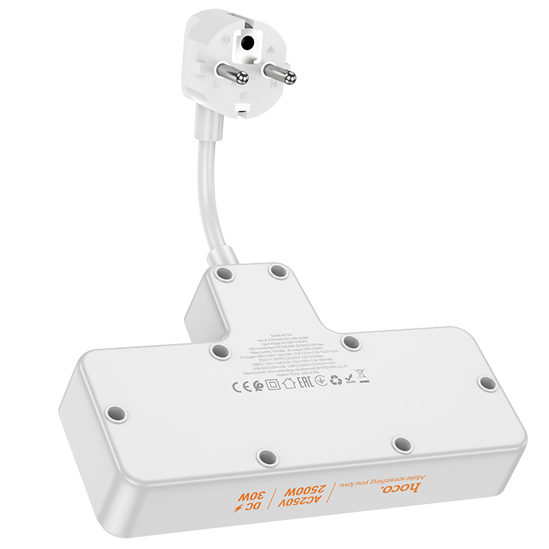 Мережевий фільтр HOCO AC12A Reise 2-position expansion socket(PD30W/1C3A) (8.5 cm) White — фото 6