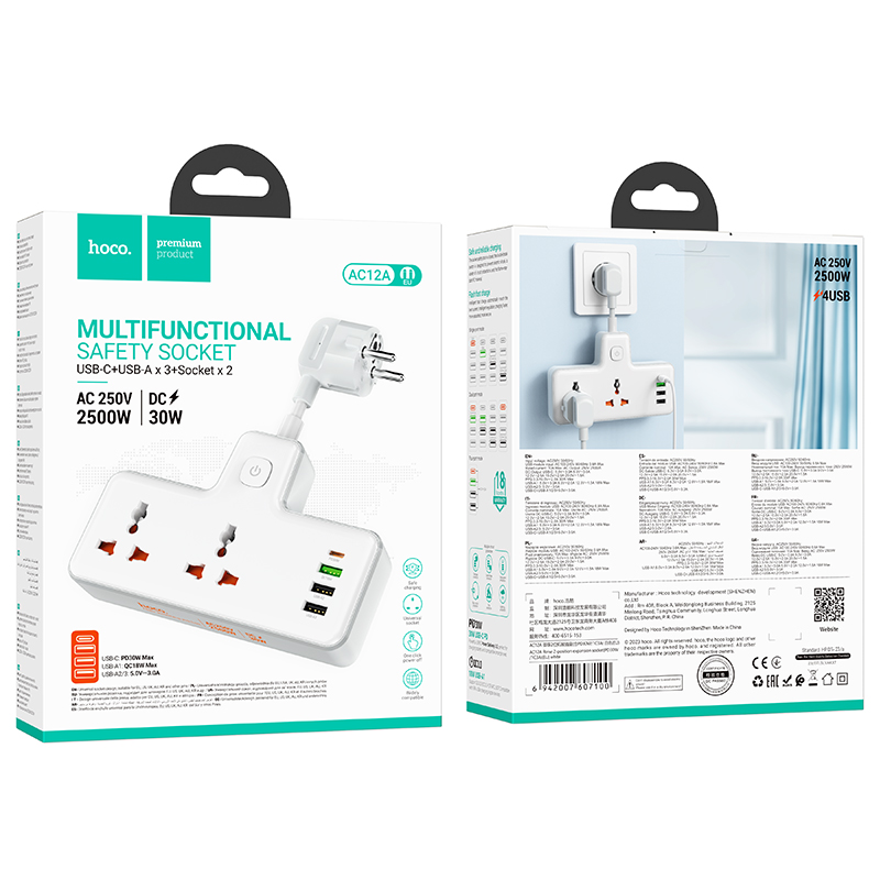 Мережевий фільтр HOCO AC12A Reise 2-position expansion socket(PD30W/1C3A) (8.5 cm) White — фото 8