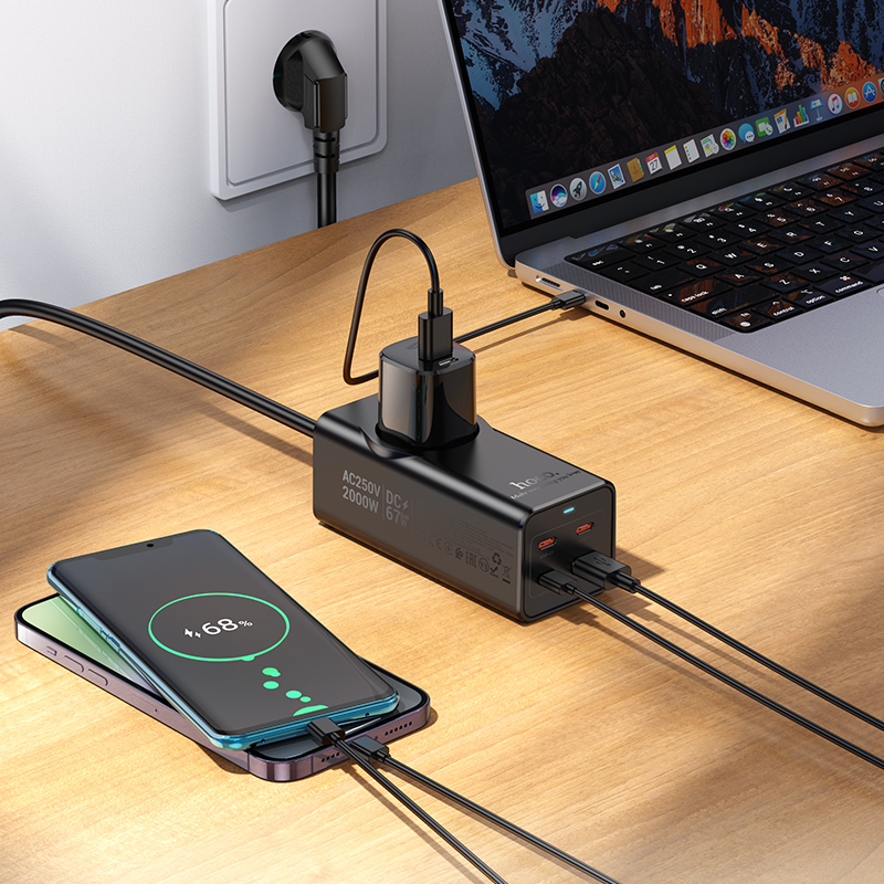 Мережевий подовжувач HOCO NS9 Wisdom 1-position (PD67W/3C1A) desktop socket (EU/GER) (2 m) Black — фото 9