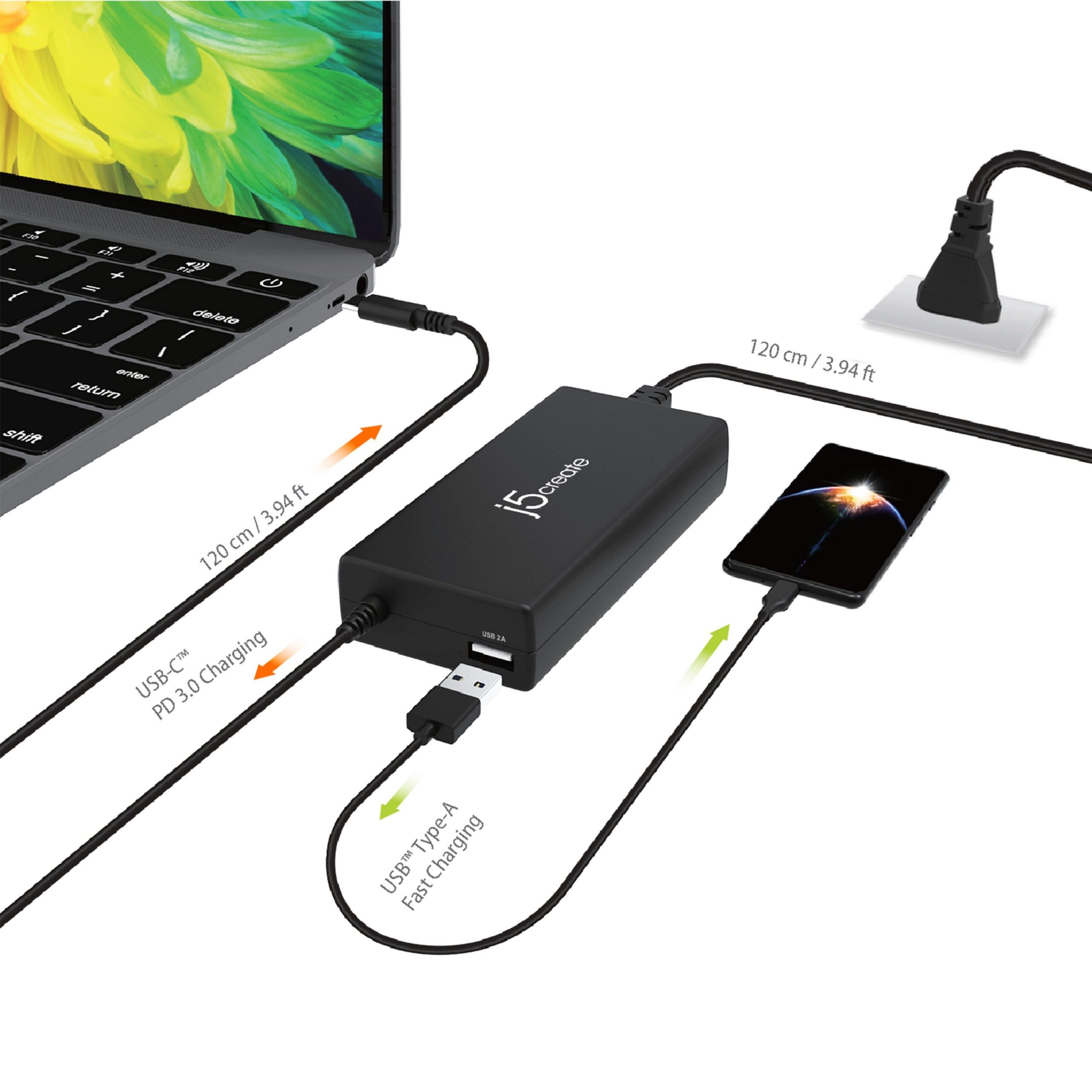 Мережевий зарядний пристрій, 1 USB-A / 1 USB-C, 100 Вт,/PD J5create — фото 7
