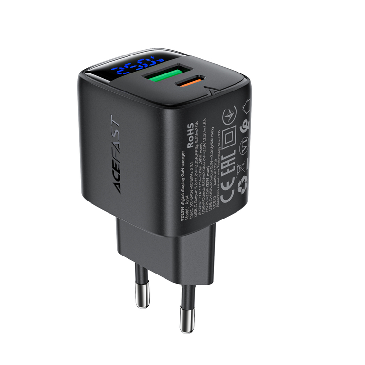 Мережевий зарядний пристрій ACEFAST A114 PD25W GaN з цифровим дисплеєм Black