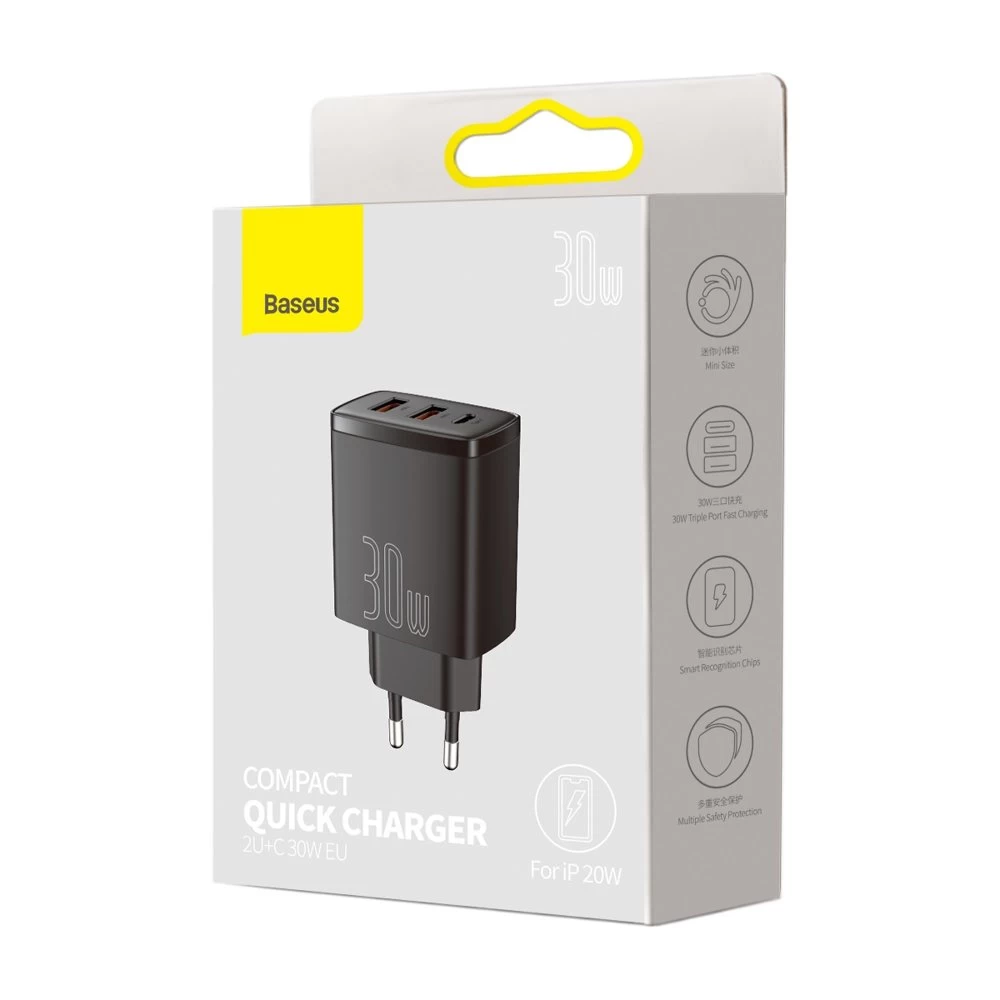 Мережевий зарядний пристрій Baseus Compact Quick Charger 2U+C 30W EU Black — фото 3